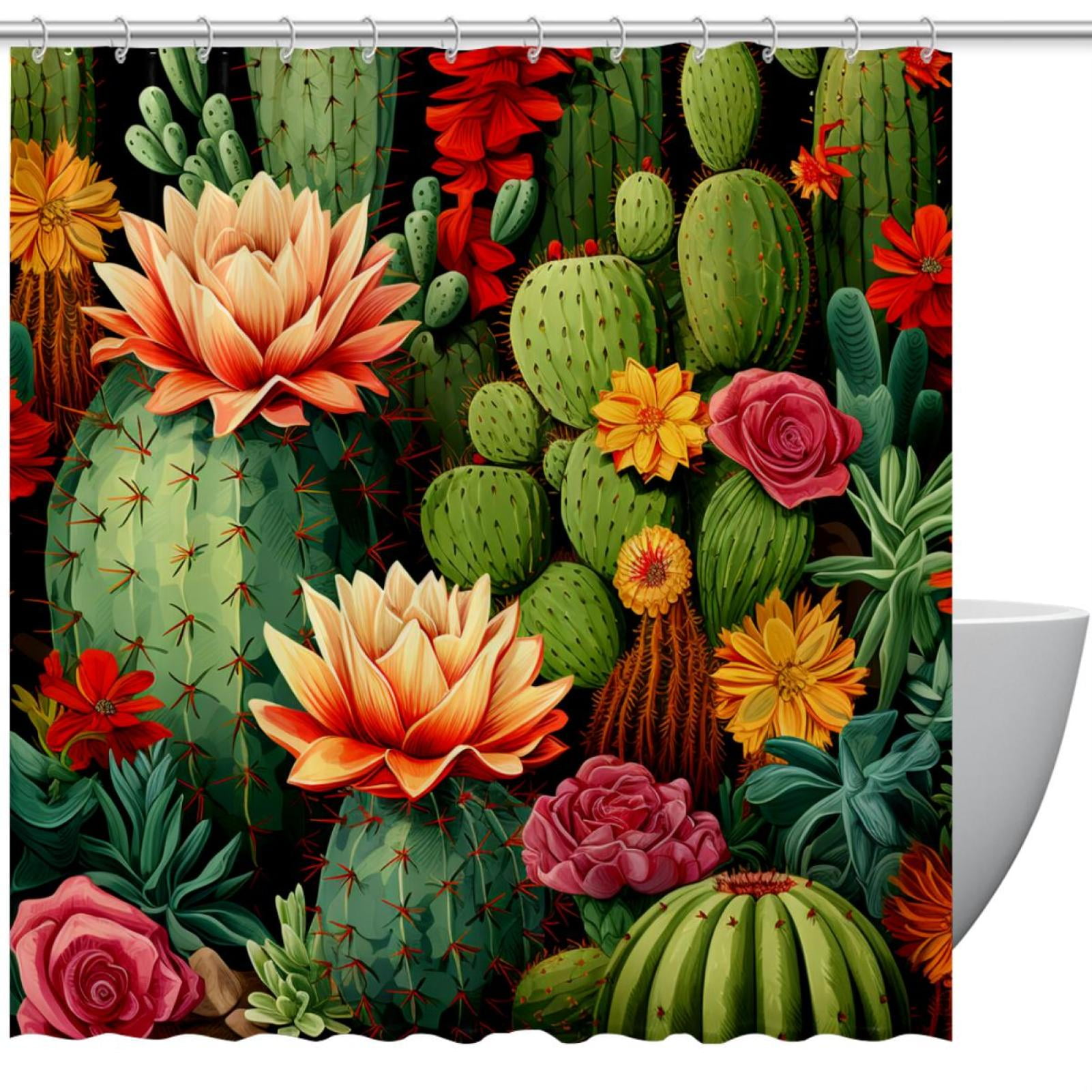 Aesthetic Cactus Flowers Seamless Bathroom Shower Curtain, Waterproof