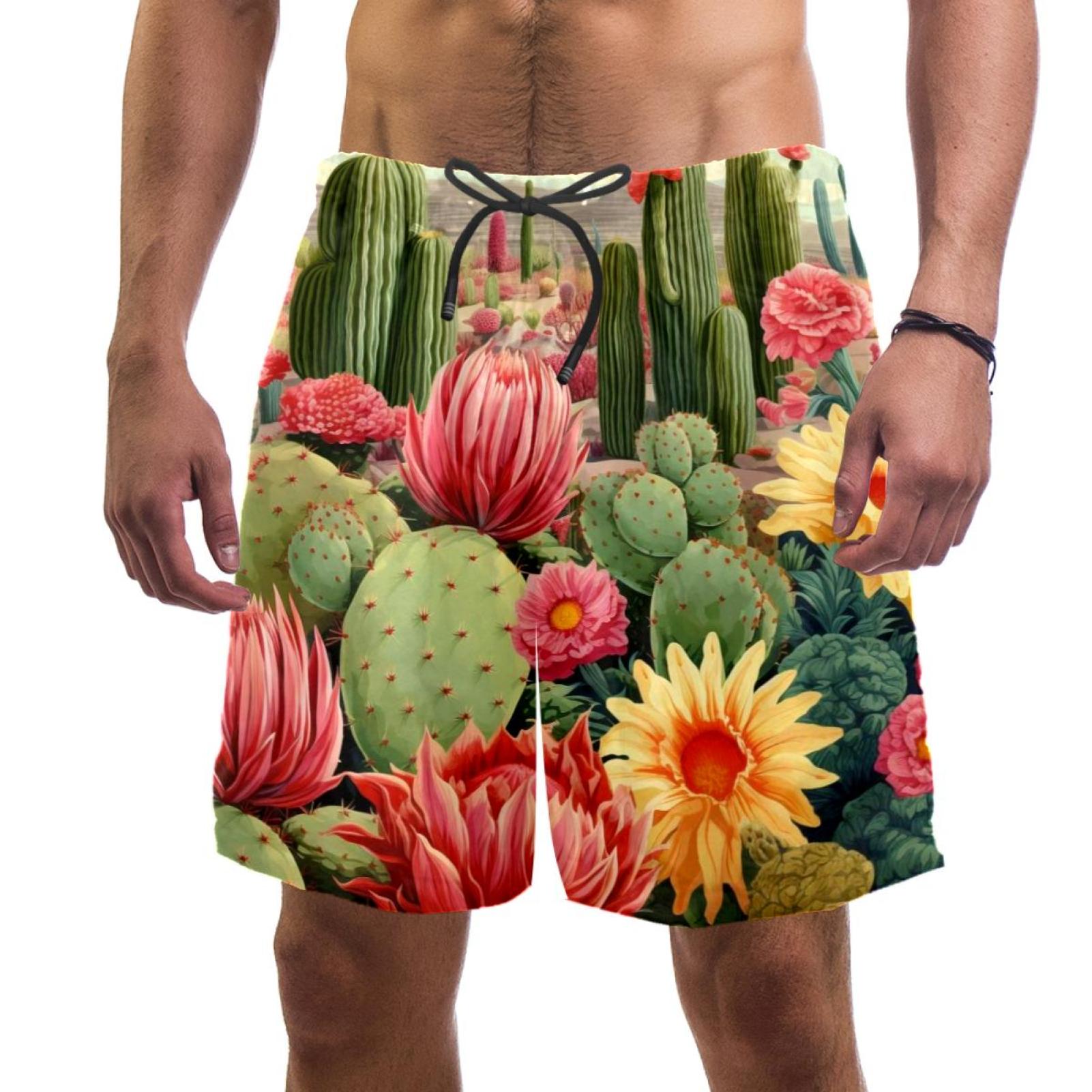 Aesthetic Cactus Flowers Seamless Pattern Men Beach Shorts with Elastic