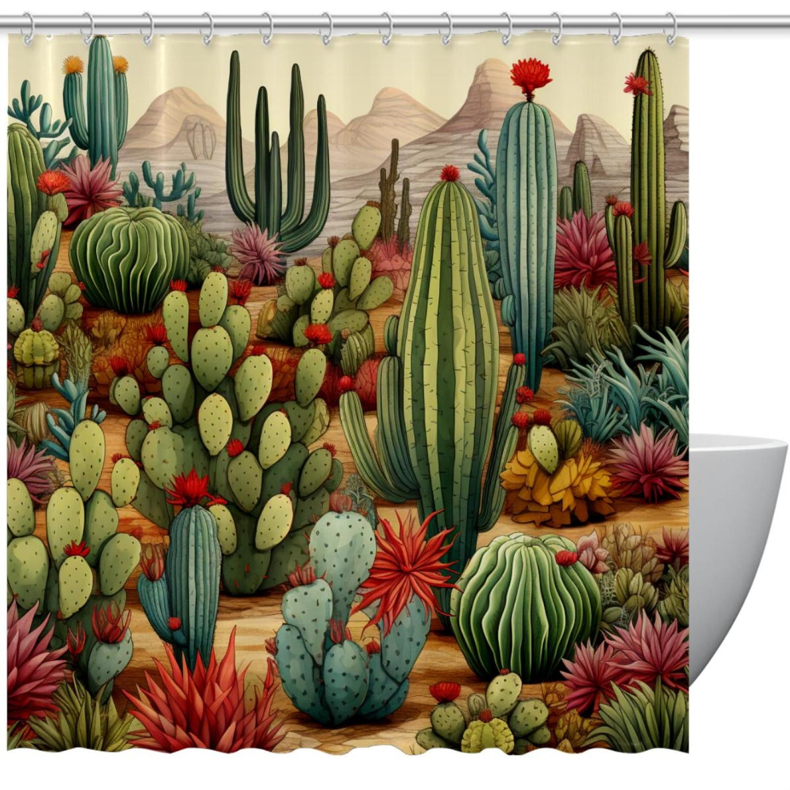 Aesthetic Cactus Flowers Seamless Shower Curtain for Bathroom, 72x72