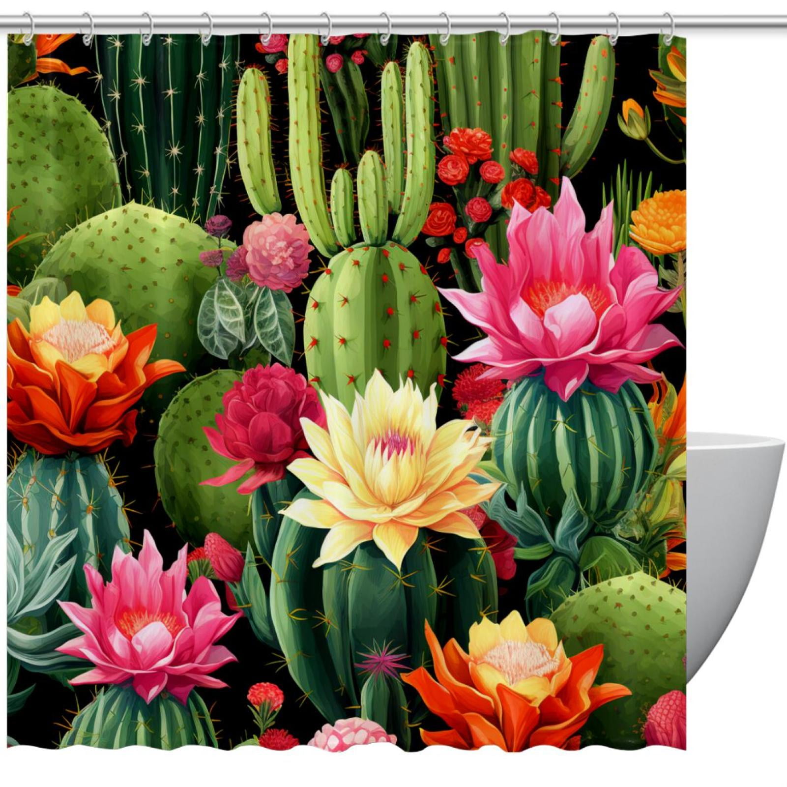 Aesthetic Cactus Flowers Seamless Shower Curtain for Bathroom, 72x72