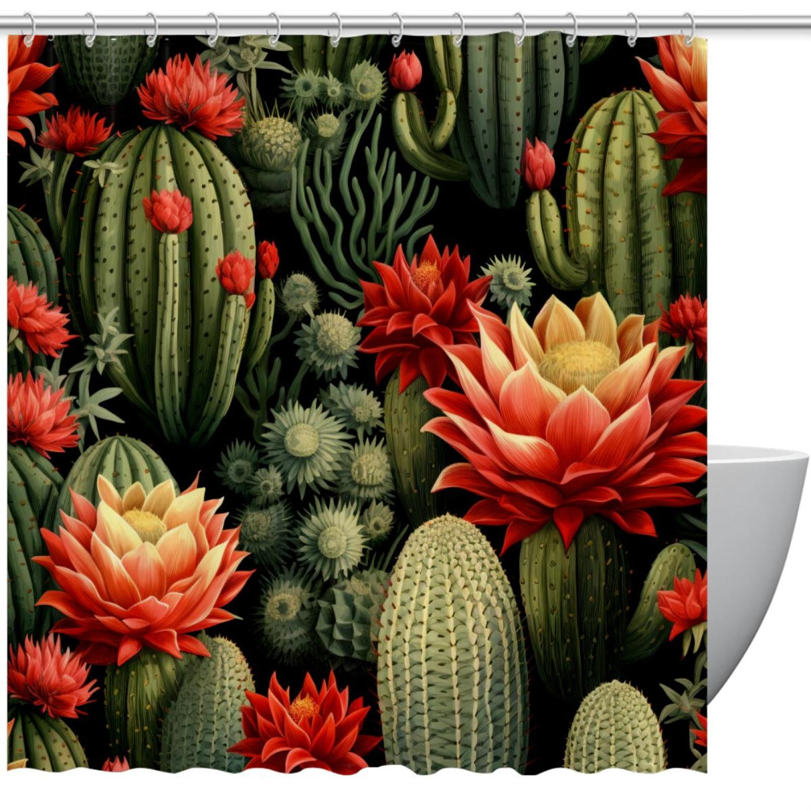 Aesthetic Cactus Flowers Seamless Shower Curtain for Bathroom, 72x72