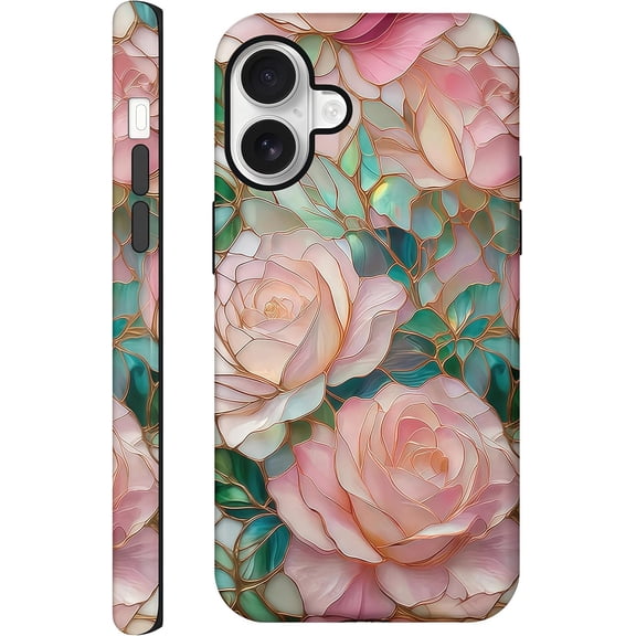 Aesthetic Cases for iPhone 16 Plus, Blooming Pink Rose Design, Hard Hybrid 2-Layer Protective Cover for Women Girls