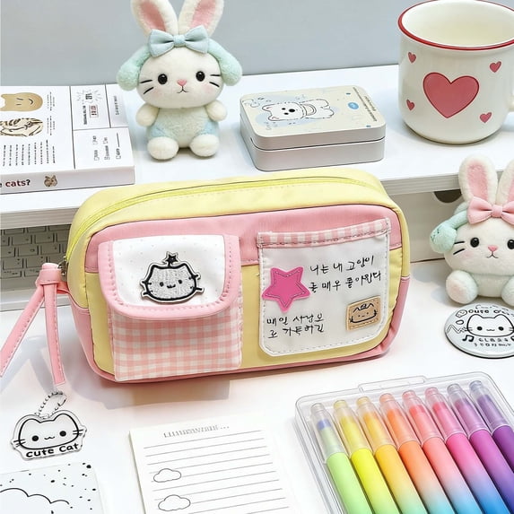 Aesthetic Cat Embroidery Pencil Pouch with Gingham Patchwork, Cute Durable Pencil Case for Office Desk Artist Makeup Brush Travel Storage, 8.26 Inch