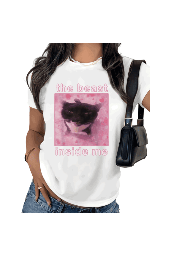 Aesthetic Cat Shirt Graphic Tees Print Tshirt Shirts White Women Funny Cat Meme Cute Pink Design Emotional Humor Casual Summer Tee Size S-5XL Tops