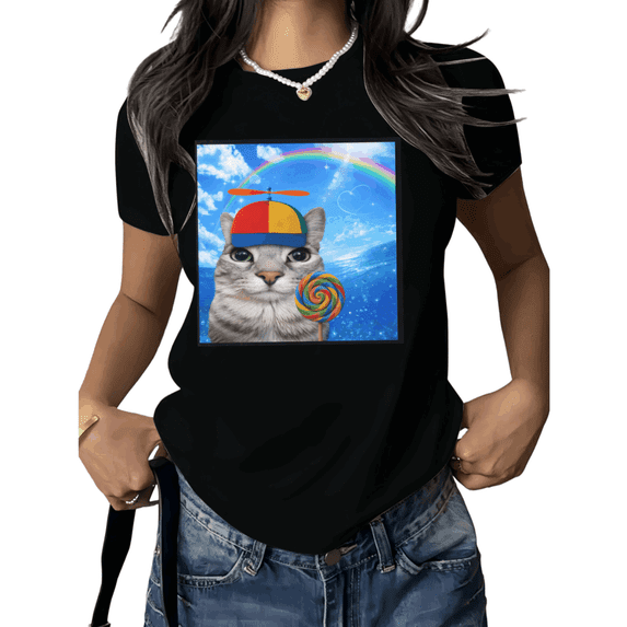 Aesthetic Cat Shirt Graphic Tees Shirts Print Tshirt Black Women Cute Rainbow Cat Candy Design Casual Summer Tee Size S-5XL Tops