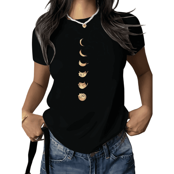Aesthetic Cat Shirt Print Tshirt Graphic Tees Shirts Black Women Moon Phase Cat Minimal Design Casual Summer Soft Tee Size S-5XL Comfortable Daily Tops