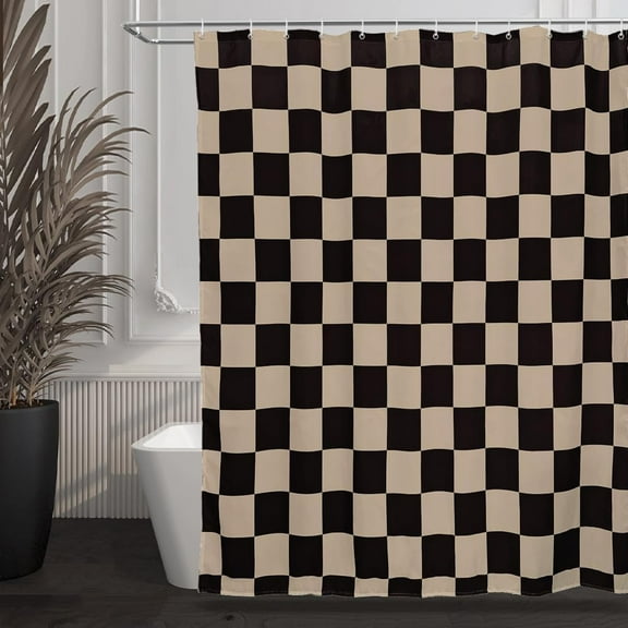 Aesthetic Checkerboard Grid Pattern Shower Curtain, Black Brown Modern Shower Curtain Sets Decoration 71x71 Inch with Hooks