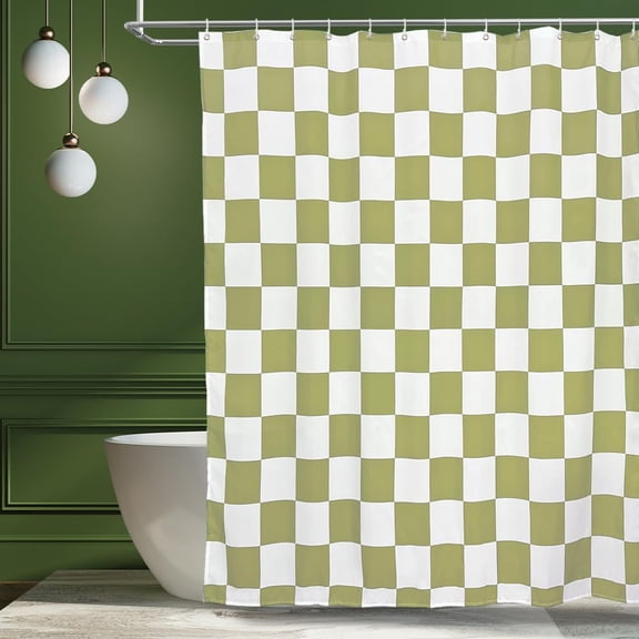 Aesthetic Checkerboard Grid Pattern Shower Curtain, White Greenery Modern Shower Curtain Sets Decoration 71x71 Inch with Hooks