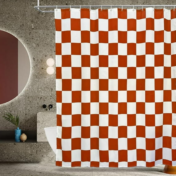 Aesthetic Checkerboard Grid Pattern Shower Curtain, White Rust Red Modern Shower Curtain Sets Decoration 71x71 Inch with plastic hooks Burnt Orange