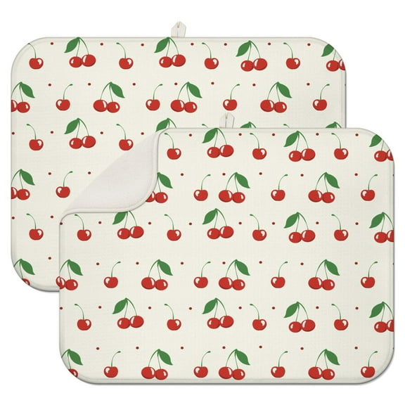Aesthetic Cherry Print Kitchen Mat – Cute Fruit Pattern with Cherries, Illustration Style Red Cherry Drying Pad