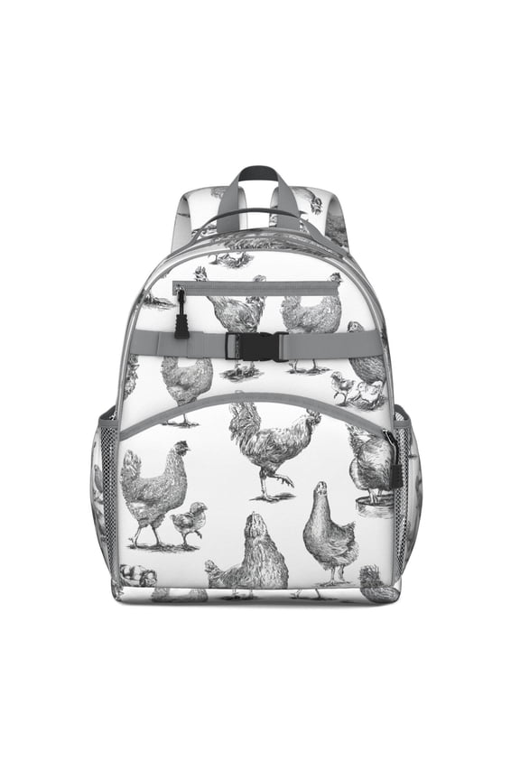 Aesthetic Chicken Print Backpack Hand-Drawn Farm Animal Design with Vintage Rooster and Garden Elements