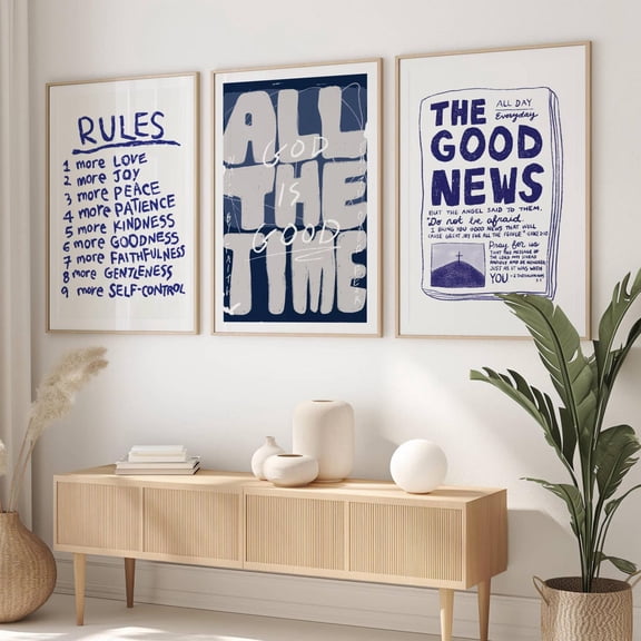 Aesthetic Christian Wall Art Blue Modern Good News God Is Good Fruit Of The Spirit Set 3 Stretched Canvas 12x18