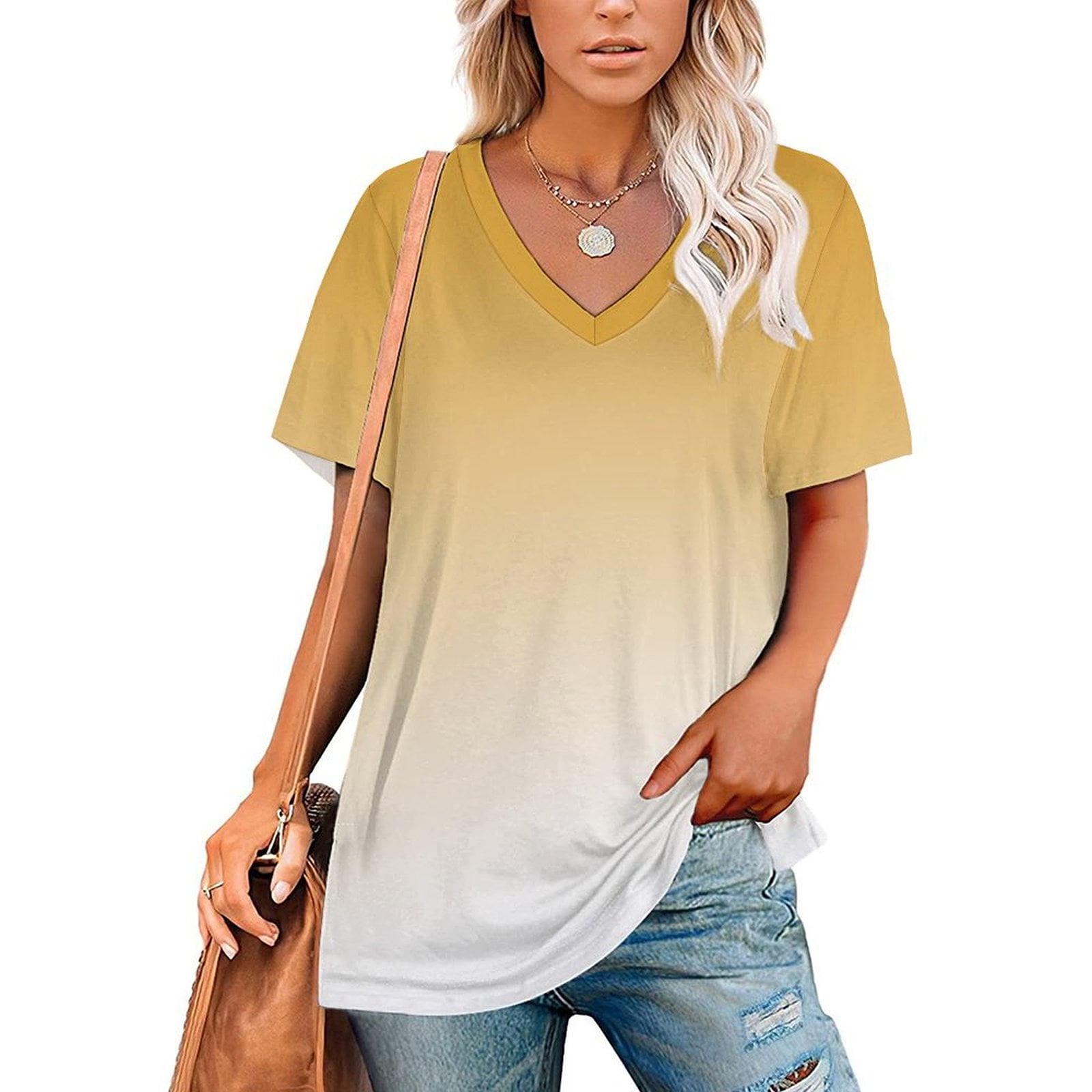Aesthetic Chrome Yellow And White Gradient V Neck Korean Fashion Oversize T-Shirt Short Sleeve ...