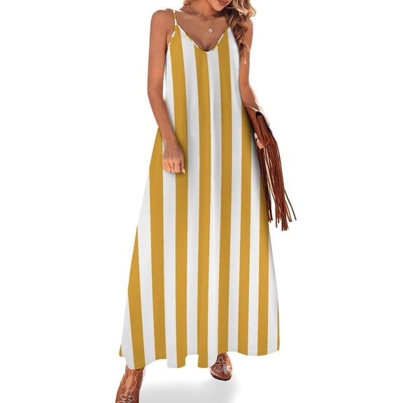 Aesthetic Chrome Yellow And White Vertical Sleeveless Suspender Dress Summer Fashion Casual Long Dress