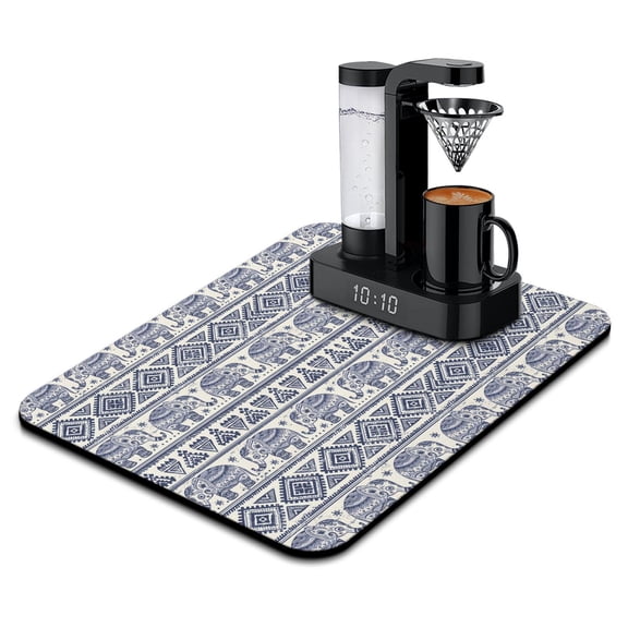 Aesthetic Coffee Bar Mat - Reusable Absorbent Non-Slip Mat - Watercolor Rainbow Elephant Print for Espresso Machine
