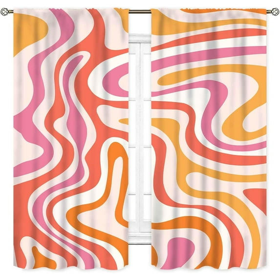 Aesthetic Curtains for Bedroom, Retro Groovy Cute 70s Orange Pink Spiral Swirl Pastel Abstract Wavy Hippie Funky Style Boho Window Treatment Drapery for Living Room kitchen Home 2 Panels, 52"x63" Inch