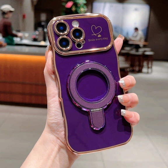 Aesthetic Cute Heart Case for iPhone 15 Pro, Kawaii Magnetic Ring Holder Stand, Trendy Plated Slim Phone Case, Shockproof Anti-Scratch Protective Cover for Girls Women, Darkpurple
