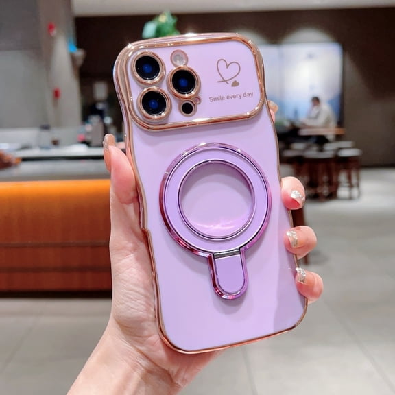 Aesthetic Cute Heart Case for iPhone 15 Pro, Kawaii Magnetic Ring Holder Stand, Trendy Plated Slim Phone Case, Shockproof Anti-Scratch Protective Cover for Girls Women, Purple