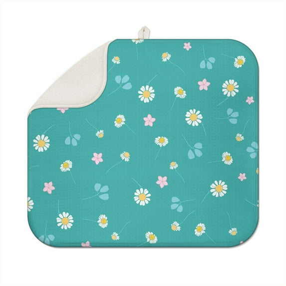 Aesthetic Daisy Print Dish Mat - Quick Dry Foldable Microfiber Pad for Countertop Protection