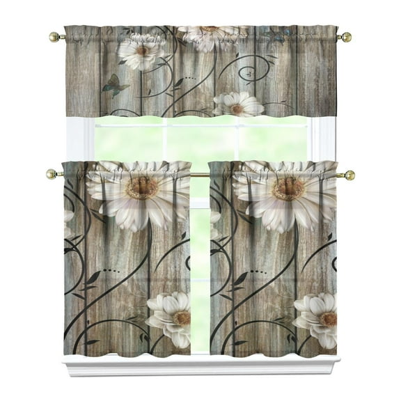 Aesthetic Daisy Print Kitchen Curtains - 3 PC Set with Floral Valance & Tier Panels, Yellow & White Retro Farmhouse Style
