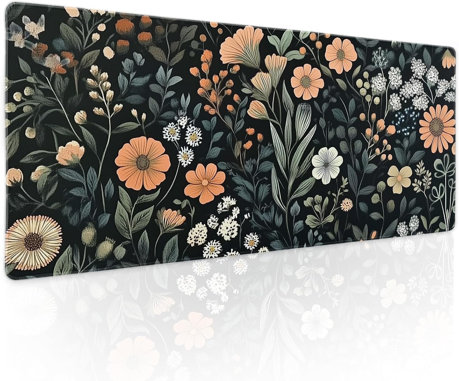 Aesthetic Dark Flower Gaming Mouse Pad XL Floral Plant Botanical Flowers Extended Big Large Desk Mat Non-Slip Rubber Base Stitched Edge Long Keyboard Mousepad for PC Computer Laptop,31.5×11.8 in