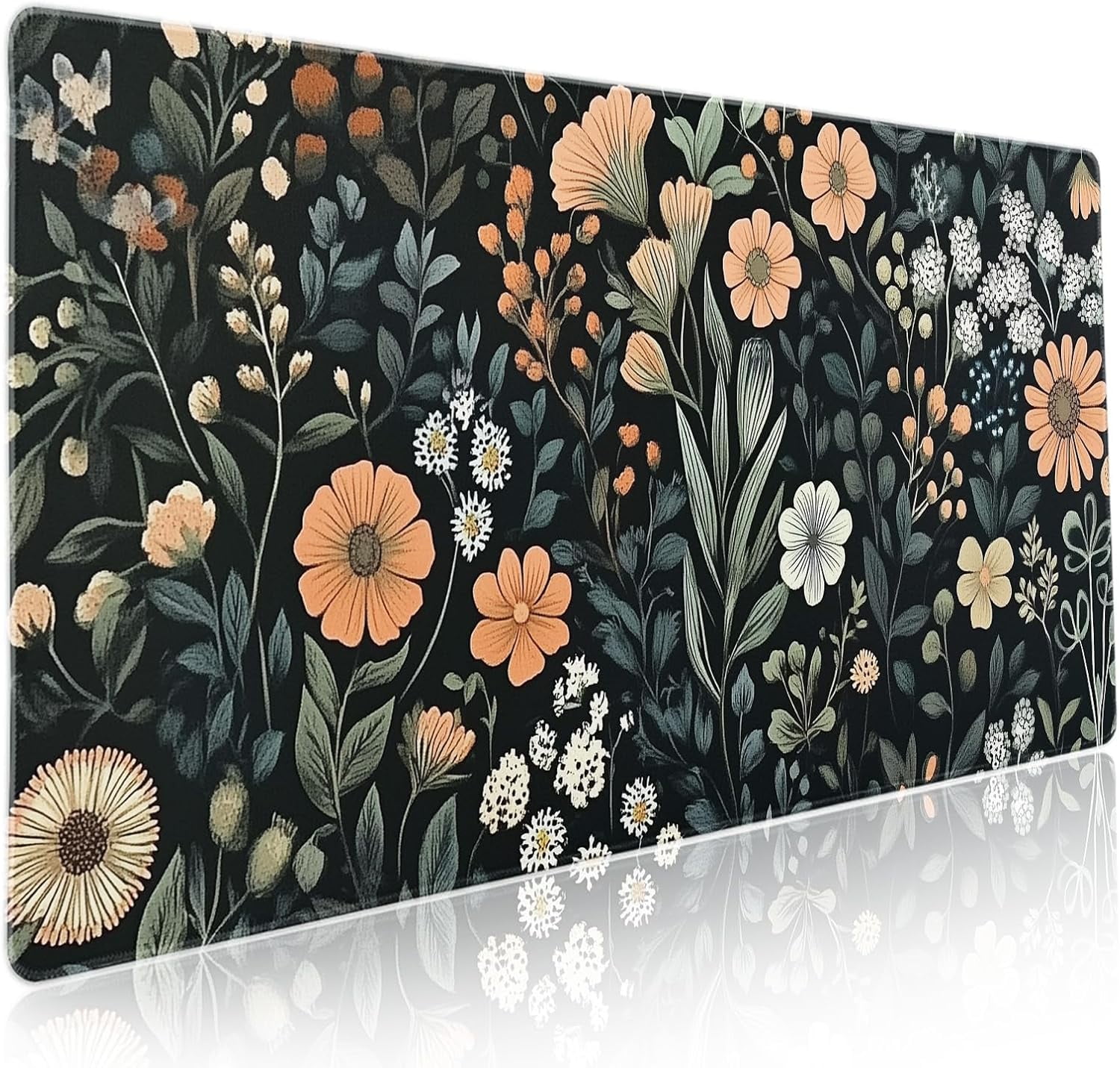 Aesthetic Dark Flower Gaming Mouse Pad XXL Floral Plant Botanical Flowers Extended Big Large Desk Mat Non-Slip Rubber Base Stitched Edge Long Keyboard Mousepad for PC Computer Laptop,35.4×15.7 in