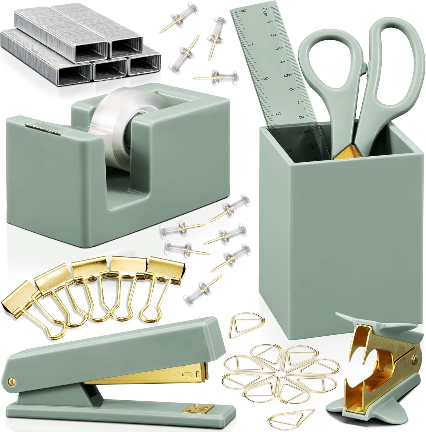 Aesthetic Desk Accessories Set - A Complete Desktop Organizer Set For Women Enhances Any Office Decor - An Office Supplies Kit w Gold Finish incl. Pen Holder, Scissors, Stapler, Tape Dispenser & More