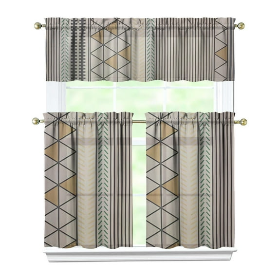 Aesthetic Earthy Kitchen Curtains 3 Piece Set - Bohemian Style Tier & Valance for Caf Windows