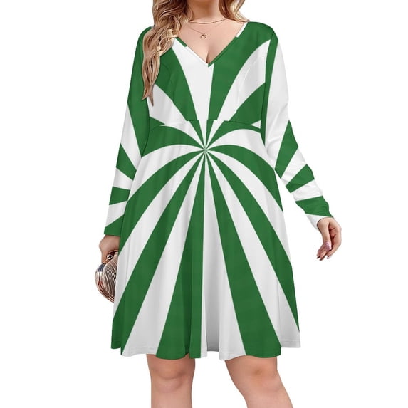 Aesthetic Emerald Green And White Sunburst Long Sleeve Dresses For Women Vintage Elegant Party Dress Oversized V-neck Dress S-8XL