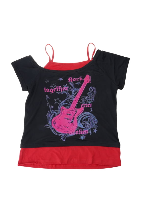 Aesthetic Fake 2 Piece T-Shirt For Women Punk Rock Edgy Guitar Graphics Short Sleeve Off Shoulder Crop Top Streetwear