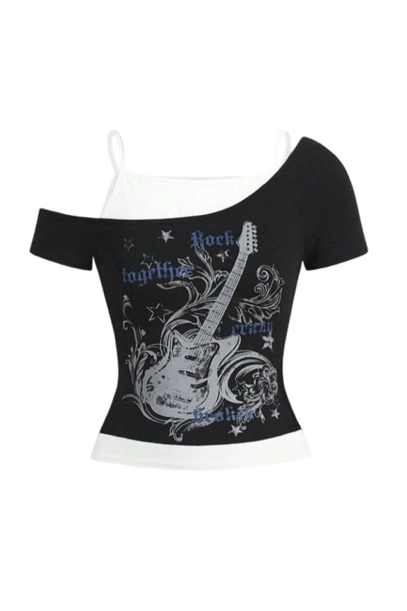 Aesthetic Fake 2 Piece T-Shirt For Women Punk Rock Edgy Guitar Graphics Short Sleeve Off Shoulder Crop Top Streetwear