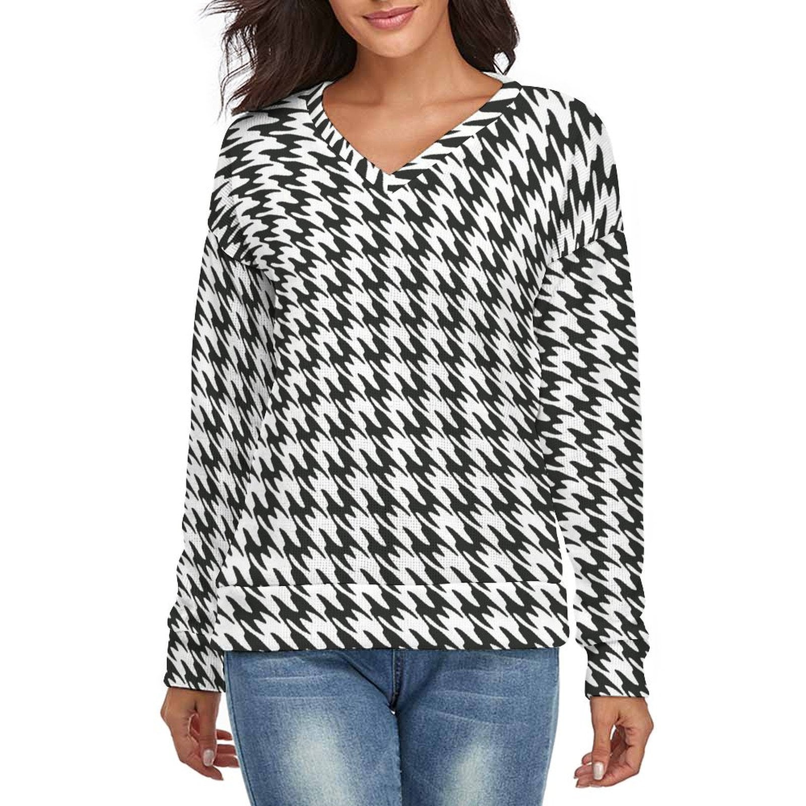 Aesthetic Fir Green And White Ripple V neck Sweater Winter Clothes Long Aesthetic Fir Green And White Ripple V neck Sweater Winter Clothes Long