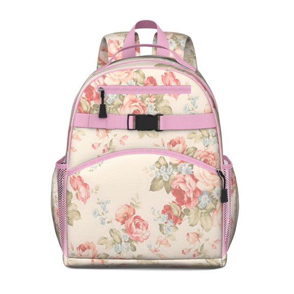 Aesthetic Floral Design School Backpack Adjustable Padded Shoulder Straps Chest Strap Durable Water-resistant Bookbag for Daily Use