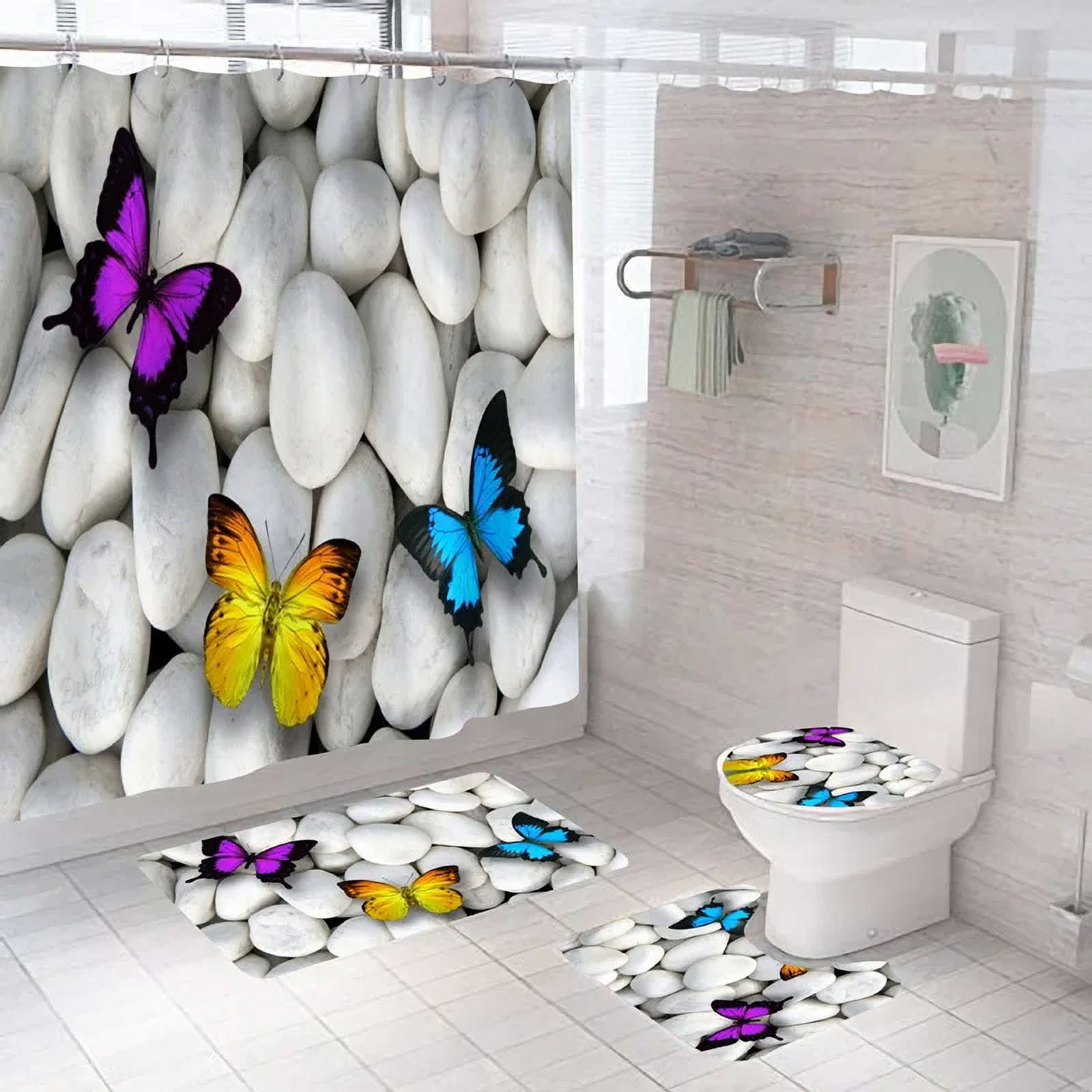 Aesthetic Floral Shower Curtain Set Rose MultiColor Butterfly Shower