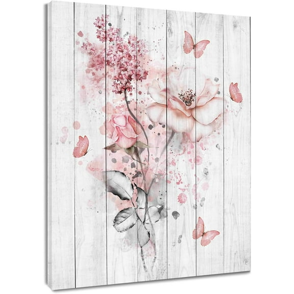 Aesthetic Floral Wall Art Pink Flower with Butterfly Wooden Framed Canvas Prints Rustic Plant Vertical Wall Decor Poster for Bathroom Living Room Bedroom Kitchen Office,12Wx12L inch