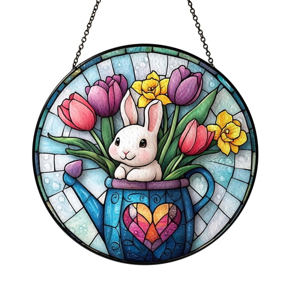 Aesthetic Forest Creature Stained Glass Suncatcher For Window Decor, Imaginary Spring Animal Hanging Art With Beautiful Tulips, Decorative Room Ornament, Unique Present For Botanical Art Fans