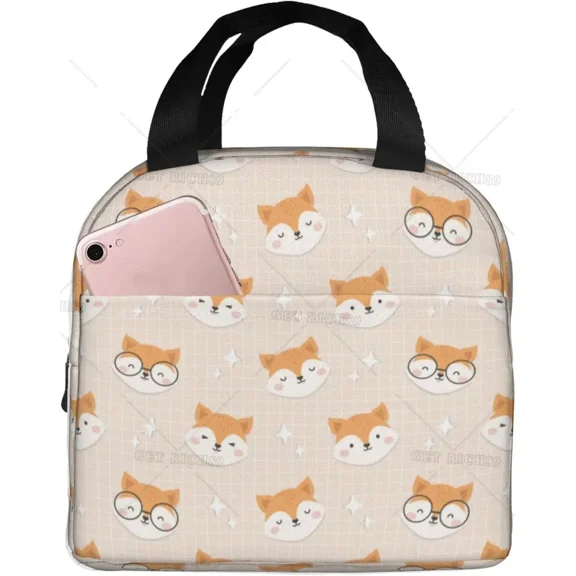 Aesthetic Fox Lunch Bag for Women Men Reusable Animal Fox Insulated Lunch Box Container with Frond Pocket for Work Picnic Travel