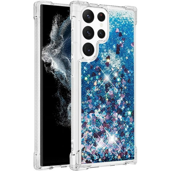 Aesthetic Funda para Samsung Galaxy S22 Ultra Case Clear Silicone for Women Girls, Cute Phone Case Samsung S22 Ultra Case Glitter Pink Shockproof and Bumpers Cover (Blue)