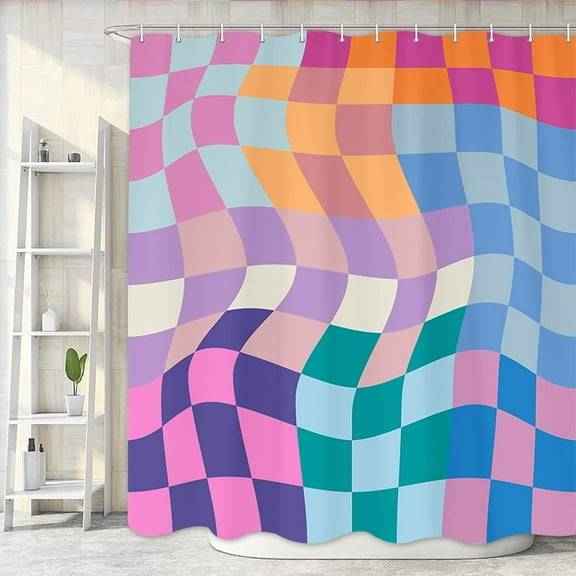 Aesthetic Funky Fun Checkerboard Shower Curtain, Cute Colorful Rainbow Pastel Hippie Bath Curtain, Retro Boho Abstract Wavy Swirl Bathroom Accessories Groovy Teen Girls for Bathroom Curtains, 72X72in