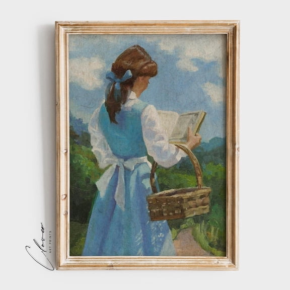 Aesthetic Girl Reading Print, Vintage Reader Artwork For Bookworm, Mid Century Art For Book Lover, Bookish Home Decor #166, Stretched Canvas Size 12x18