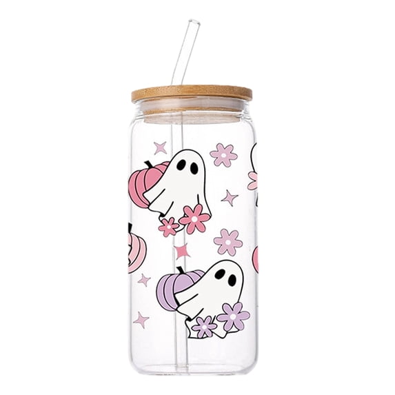 Aesthetic Glass Cups with Lids and Straws Halloween Ghost Glass Cups 16oz Printed Spooky Cola Tumbler with Straw for Party Drinks Holiday Gifts