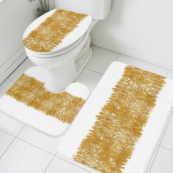 Aesthetic Gold Bathroom Rugs Set Mottled Abstract Texture Modern Minimalist Non Slip Absorbent Soft Bath Mats 3 Piece Set with Bathroom Rug, U-Shaped Floor Mat, Toilet Seat Cover Large Size