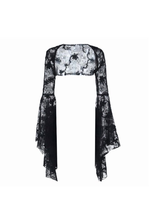 Aesthetic Gothic Crop Top Boleros Shrug for Women Flared Long Sleeve Lace Cover Up Cardigans with 3D Floral Embroidery
