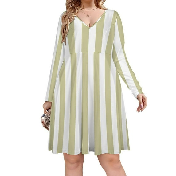 Aesthetic Green Beige And White Vertical Long Sleeve Dresses For Women Vintage Elegant Party Dress Oversized V-neck Dress S-8XL
