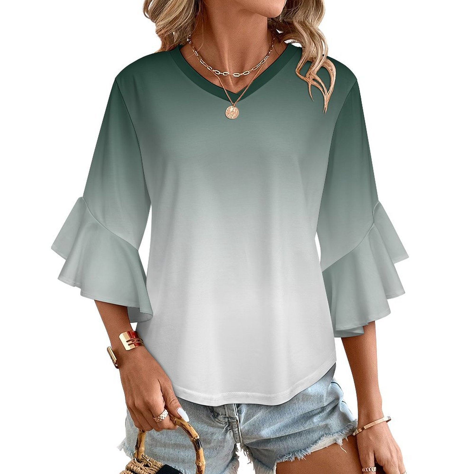 Aesthetic Grey Green And White Gradient Women's V-Neck Blouse With 3/4 ...