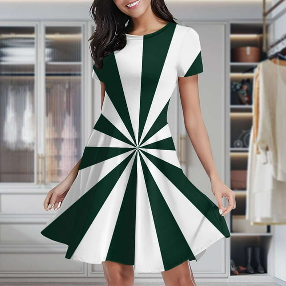 Aesthetic Grey Green And White Sunburst Women's Classic Swing Skater Dress Casual Work Party Cocktail Dresses