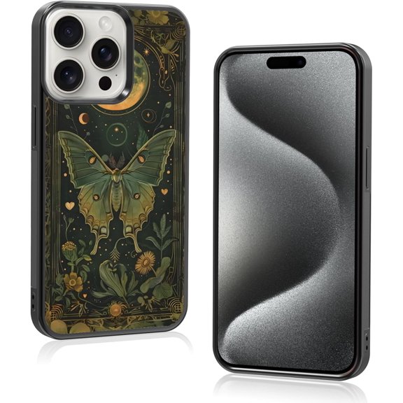 Aesthetic Halloween Flowers Moth Gothic Phone Case Compatible with iPhone 15 Pro Case 6.1 Inch, TPU Shockproof Protection Horror Boho Moon Summer Floral Phone Case for Girls Women Cover