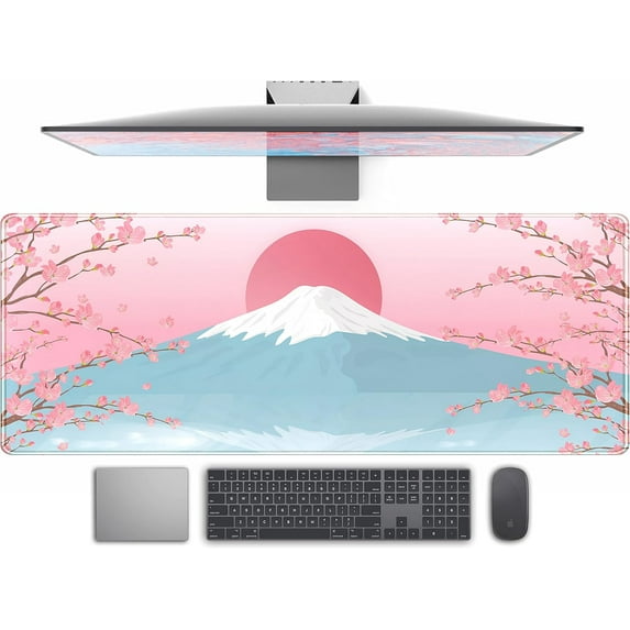 Aesthetic Japanese Cherry Blossom Desk Mat Cute Pastel Blue Color XL Sakura Gaming Mouse Pad Anime Mousepad for Women Desk Office Girl Gamer Cherry Blossoms Mouse Pads Fun Desktop Mat 31.5x11.8 in