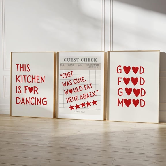 Aesthetic Kitchen Prints This Kitchen is For Dancing Red Kitchen Decor Kitchen Wall Art Typography Trendy Set 3 Unframed Paper Print 8x12
