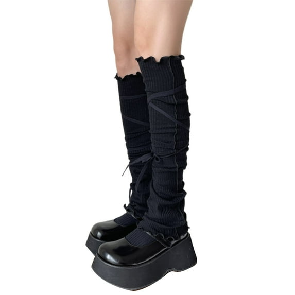 Aesthetic Lace Up Bandages Ribbed Over Knee Leg Warmers Ruffle Trim Thigh High Long Socks Stockings for Trendy Women